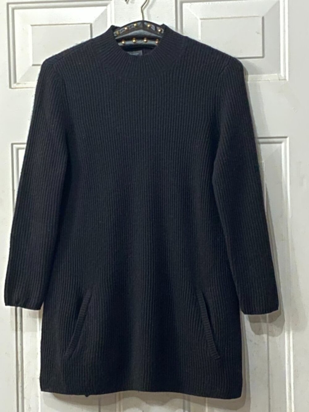 Only Mine Cashmere Sz S Women Black Sweater Tunic Long Sleeve Mock Neck Pockets